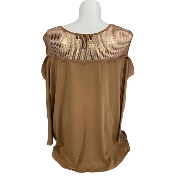 Denim 24/7 Top Womens 4x Brown Sequin Knit Shirt Cold Shoulder Office Casual - Picture 3 of 14